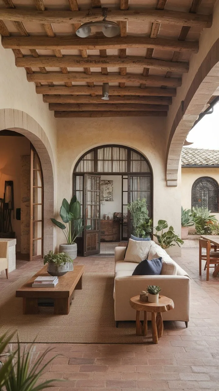 Experience the enchanting fusion of rustic Spanish charm and modern comfort, where terracotta floors and wooden beams harmonize with Mediterranean decor for a truly elegant living space.