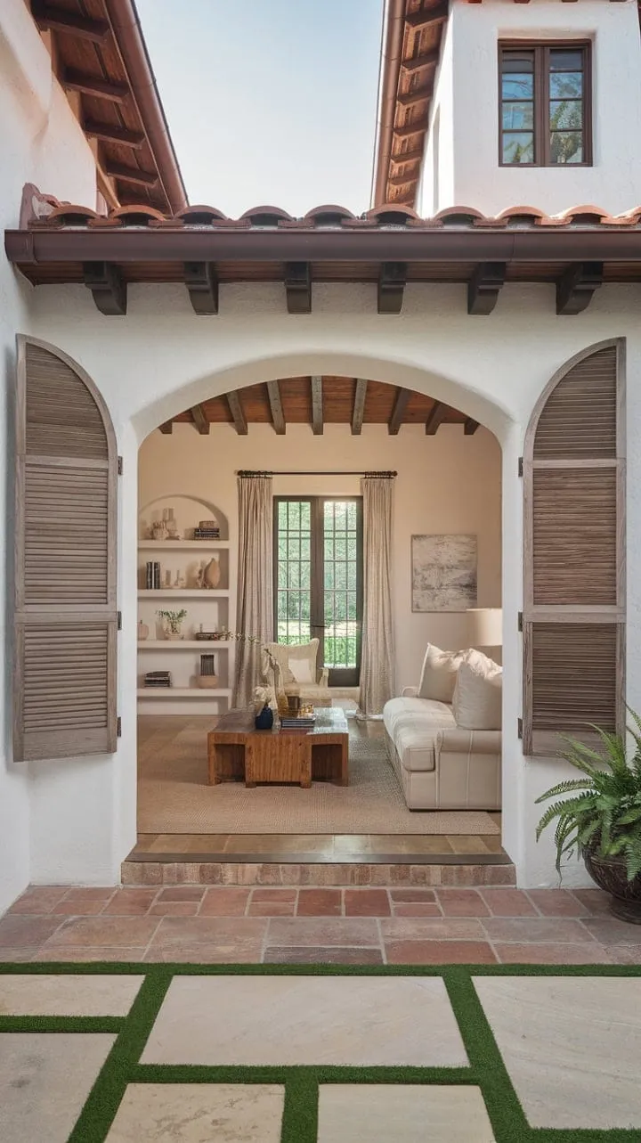 Sunlight dances through artisanal shutters, casting a warm glow on the terracotta tiles and inviting decor of this rustic Spanish Colonial home, where old-world charm meets modern comfort.