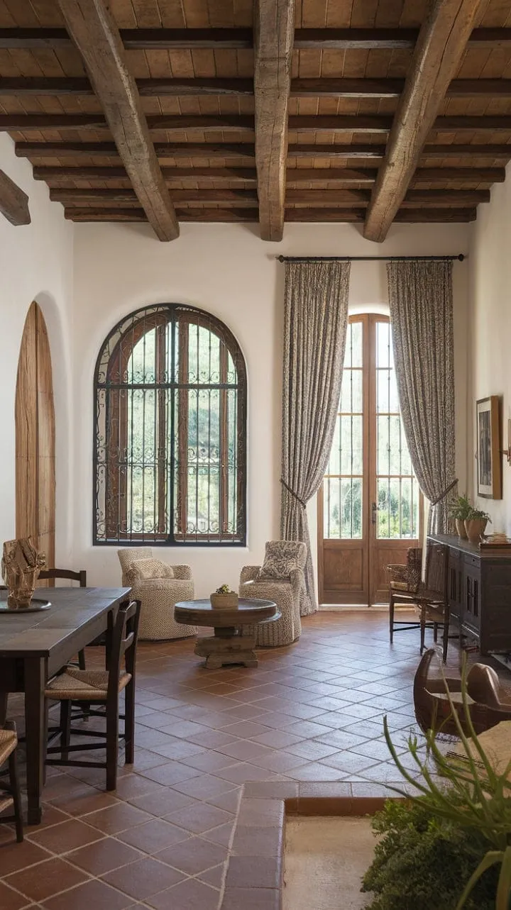 Sunlight dances through the arched window, revealing the rustic allure and timeless elegance of a Spanish colonial home steeped in history.