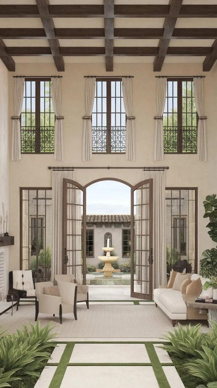 Awaken to the soothing serenade of a fountain in a sunlit Spanish Colonial haven, where history and modern comfort harmoniously intertwine in a sanctuary of serene luxury.