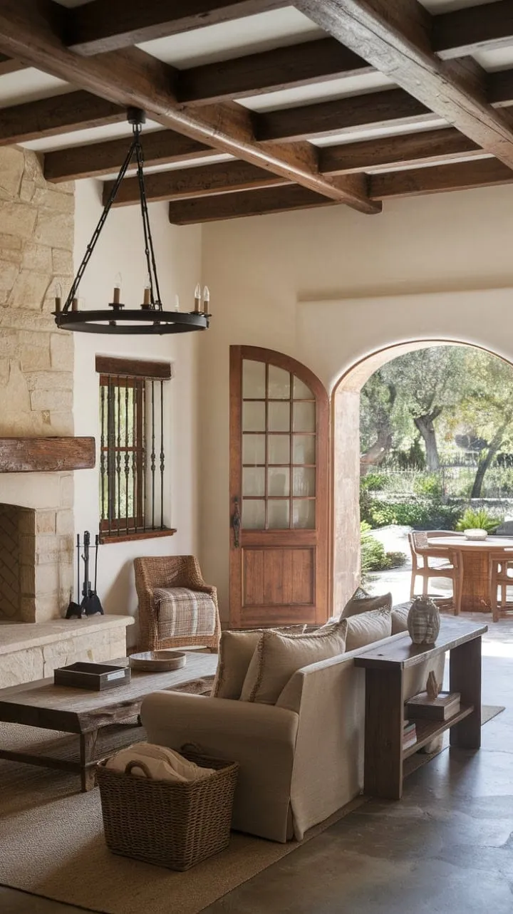 In this Spanish Colonial-style home, rustic charm and modern elegance intertwine, creating a serene sanctuary adorned with hand-hewn beams, a stone fireplace, and a wrought-iron chandelier that invites the outdoors in.