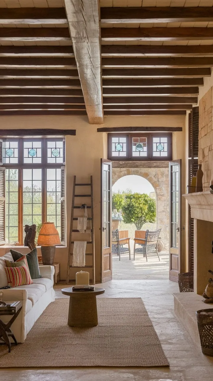 Sunlight dances through colorful glass panes, revealing the rustic allure and storied charm of a Spanish colonial home adorned with aged stone, wooden beams, and vibrant textiles.
