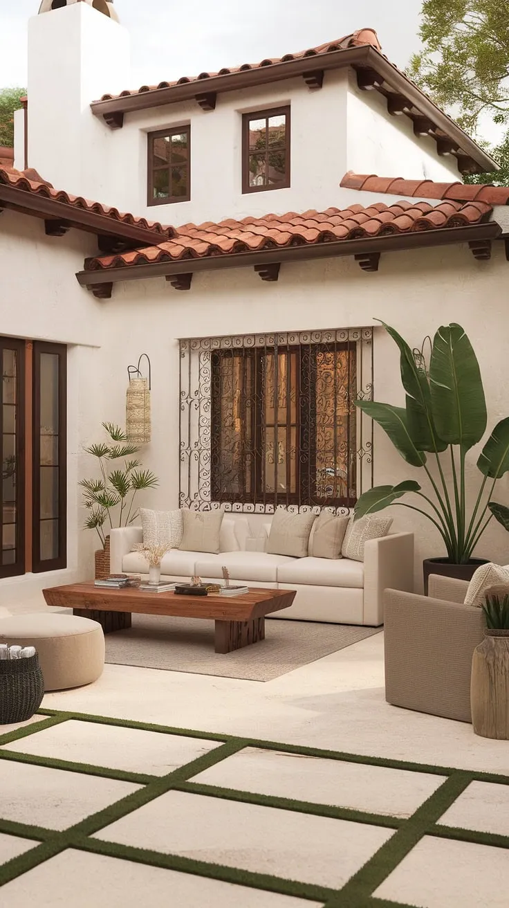 Modern updates enhance the inherent charm of a Spanish colonial home's architecture and patio design.