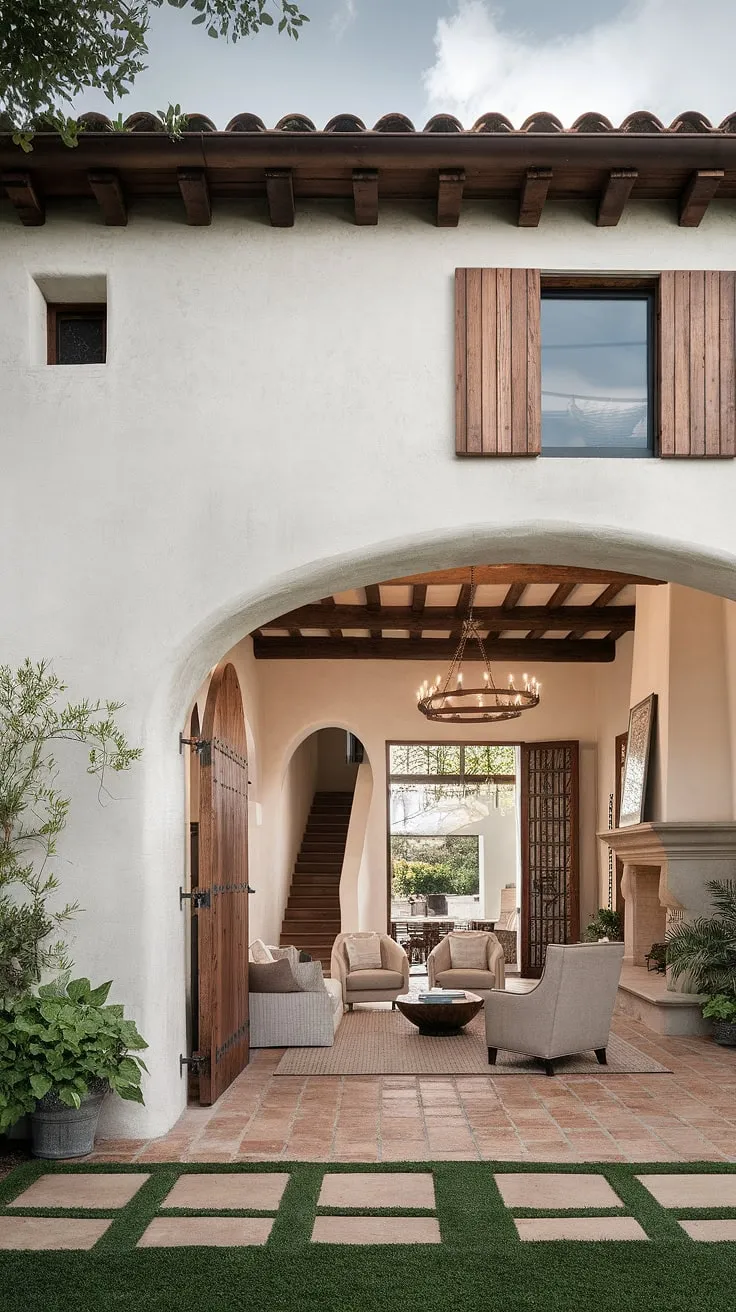Rustic charm meets modern comfort in this Spanish colonial home, where terracotta floors and a stone fireplace complement a spacious living area opening onto a sun-drenched patio.
