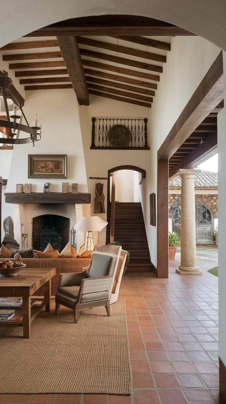 Elegant Spanish colonial architecture blends high ceilings, a grand fireplace, and a charming patio, creating a captivating home.