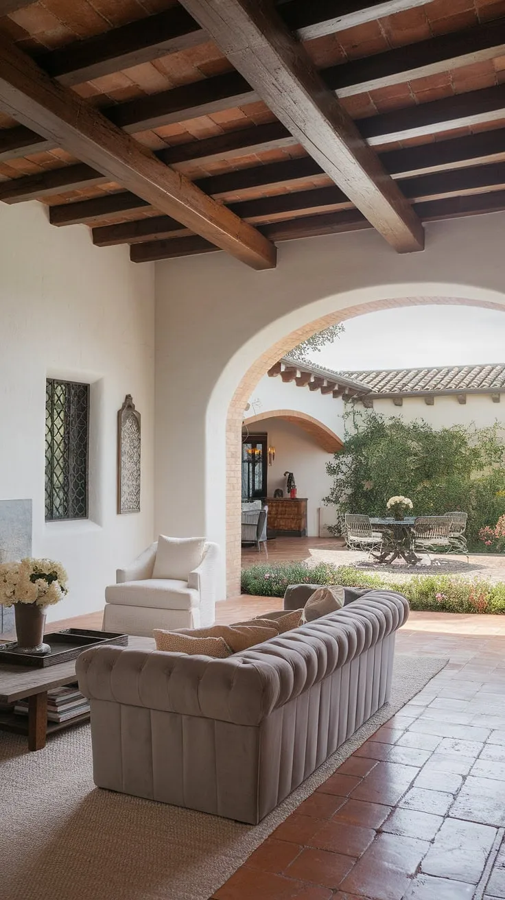 Rustic charm meets modern comfort in this Spanish colonial home, boasting high ceilings, terracotta floors, and a lush garden patio.