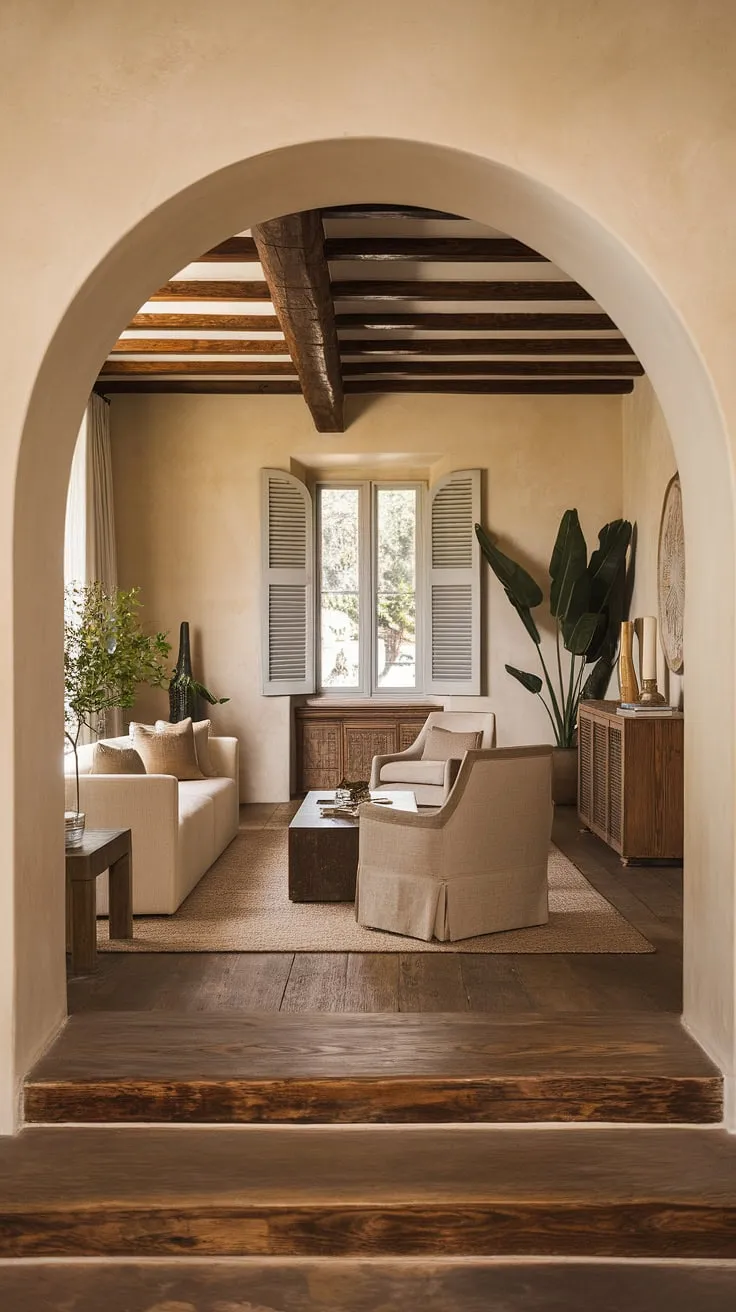 Warm beige tones, wooden beams, and colonial-style furnishings create a welcoming atmosphere in this modern Spanish home.