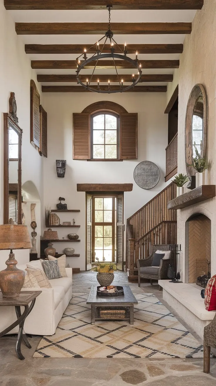A modern Spanish colonial home boasts a high-ceilinged living room filled with traditional Spanish décor and architectural details