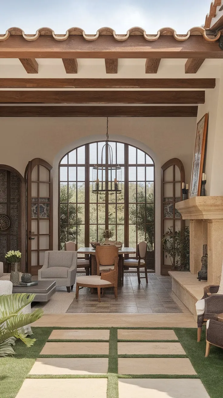 Elegant Spanish architecture blends modern comfort with traditional details in a sun-drenched home featuring high ceilings and a charming patio