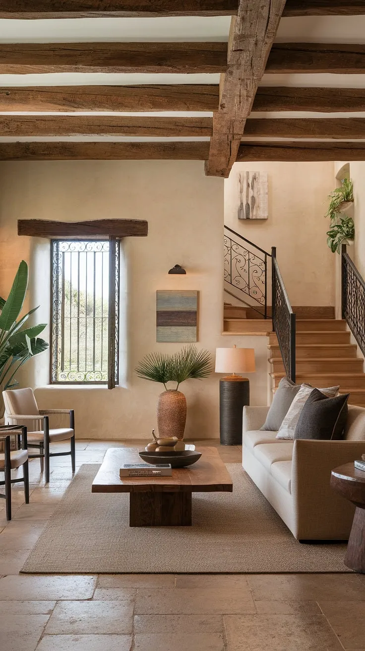 A modern Spanish colonial home blends traditional elements like exposed wood and wrought iron with a comfortable and inviting interior.