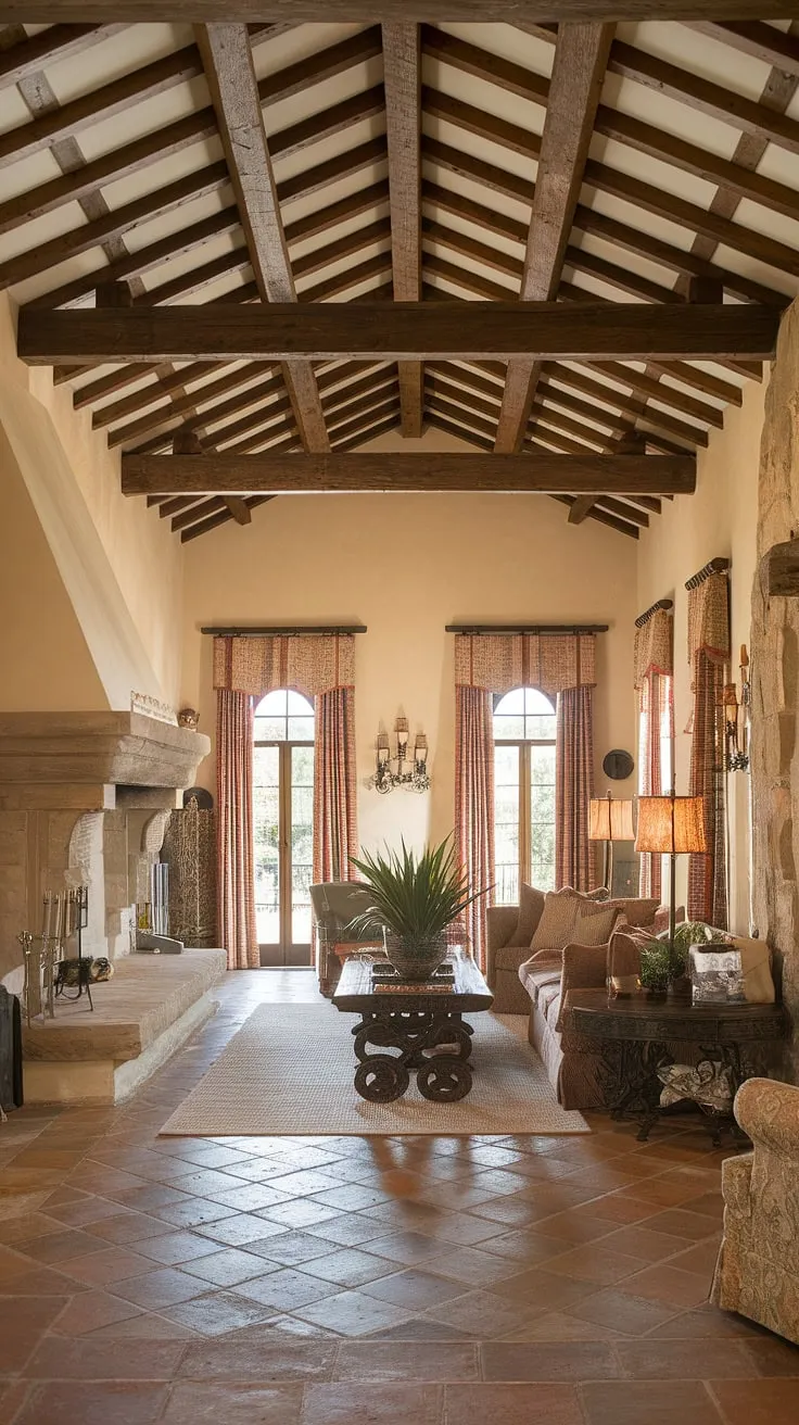 Warm terracotta tiles and exposed stone create an inviting Spanish colonial living room atmosphere