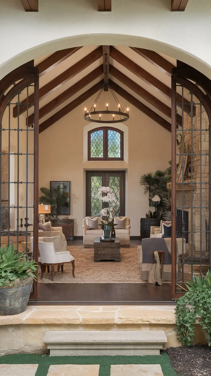 Warm earthy tones and rustic Spanish details create a captivating Mediterranean atmosphere in this modern colonial home.
