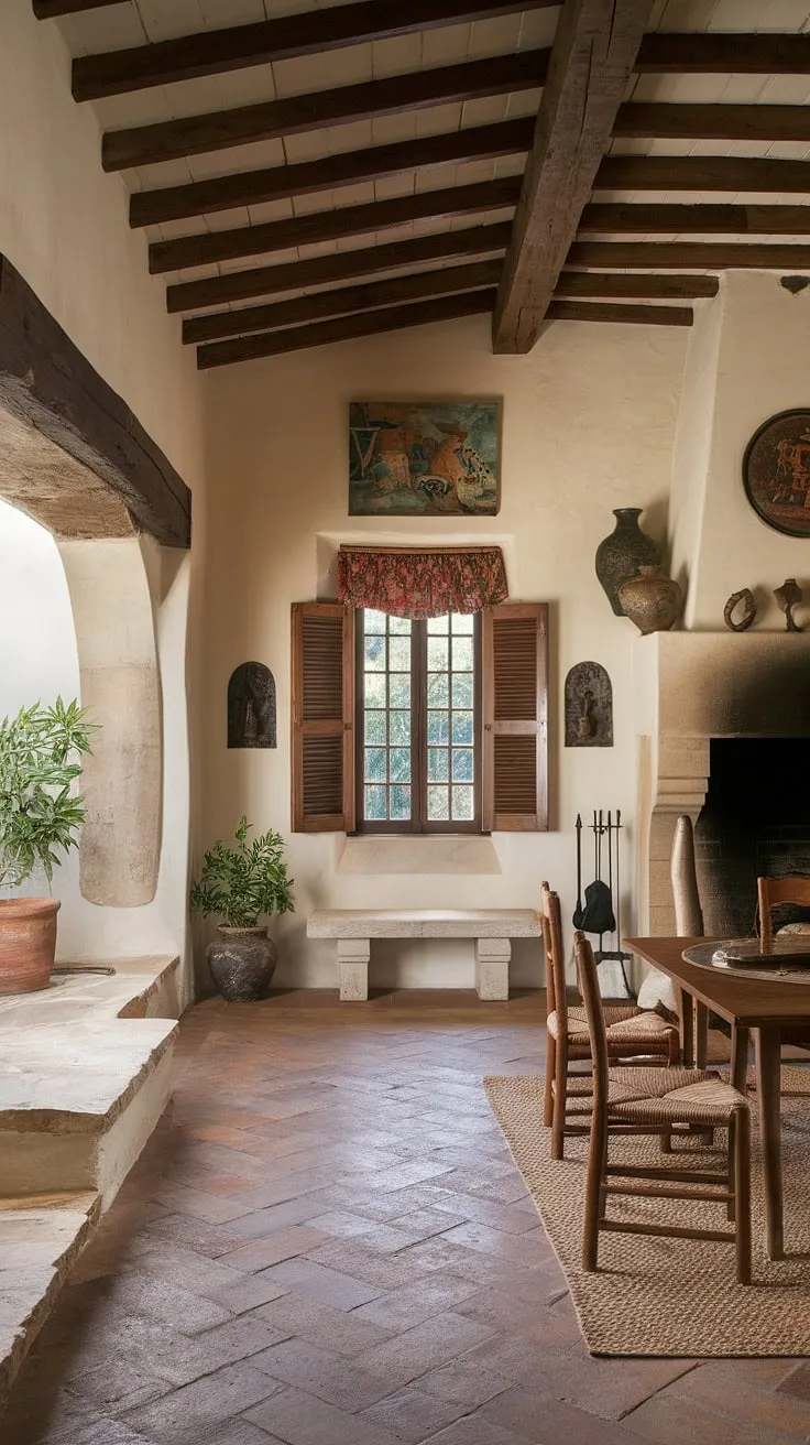 Rustic charm and Spanish colonial elegance blend in a home featuring a stone fireplace, beamed ceilings, and a terracotta-tiled floor opening onto a charming patio.