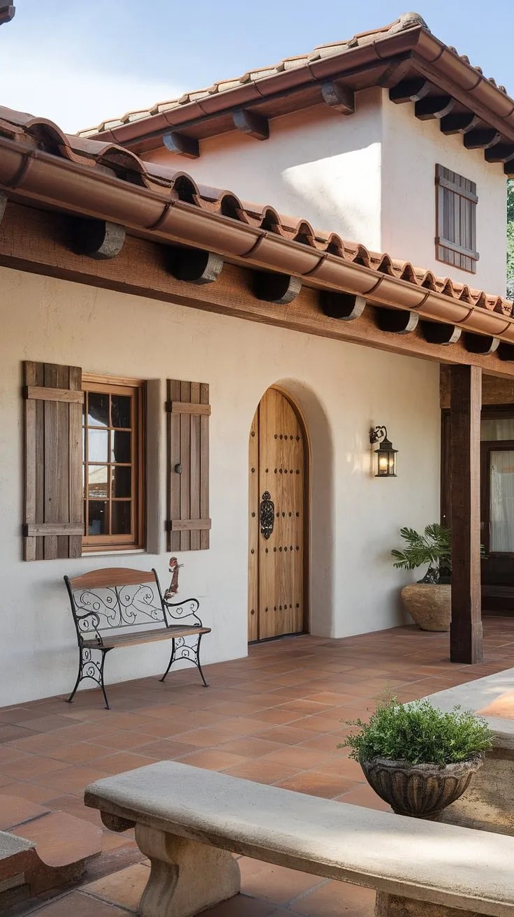 A sun-drenched Spanish colonial home exudes warmth with its terracotta roof, white stucco, and inviting patio.
