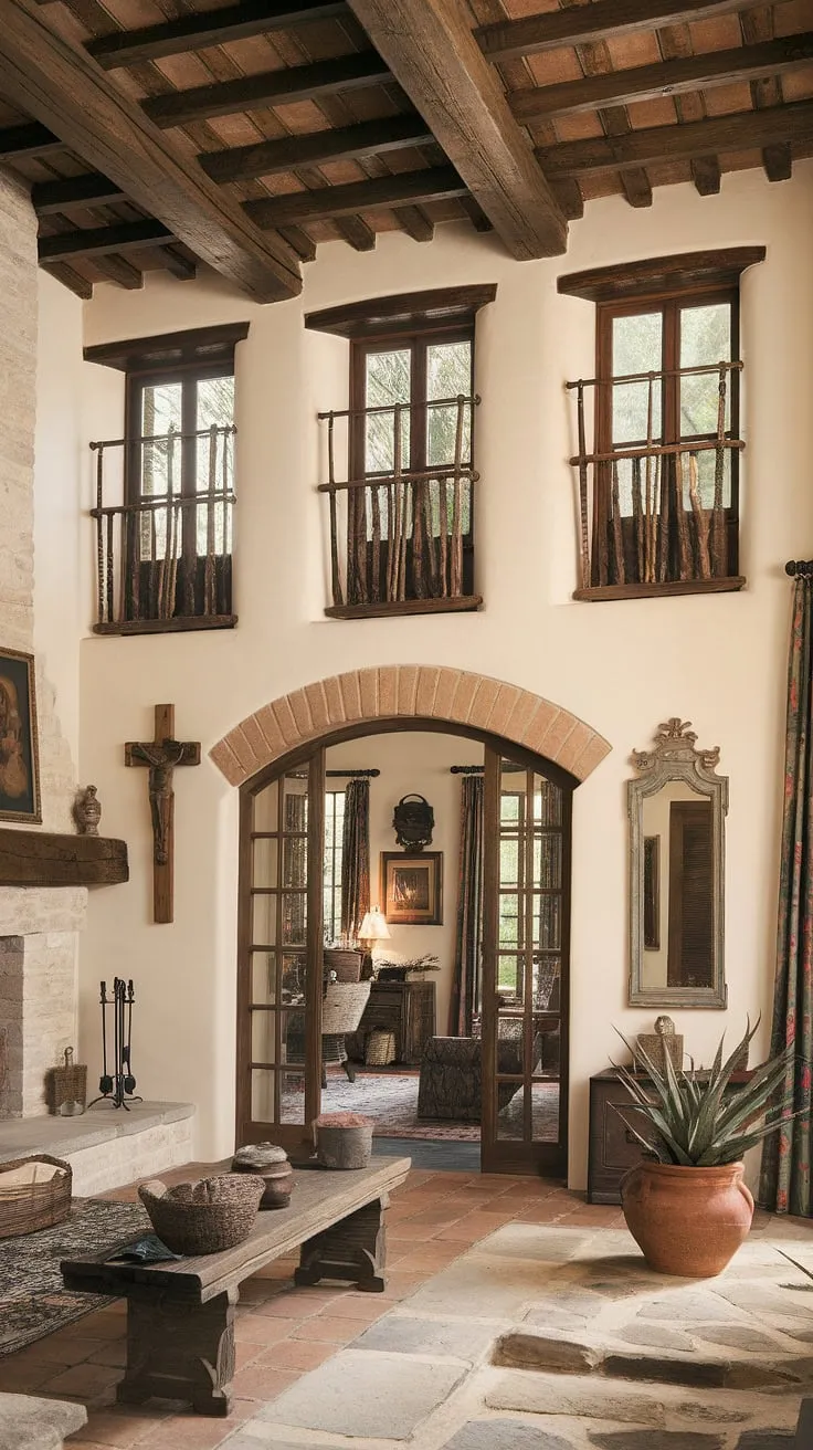 Elegant Spanish colonial architecture blends high ceilings, terracotta floors, and a charming patio.