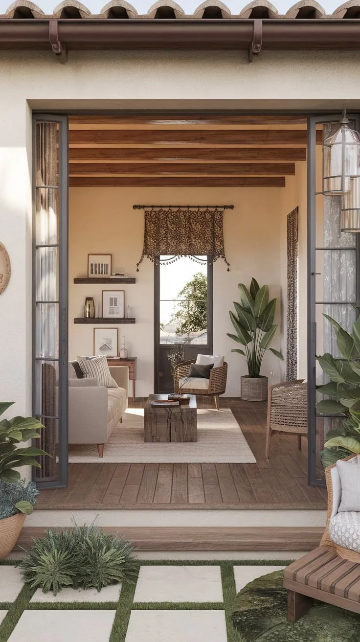 A modern Spanish home showcases a captivating fusion of Mediterranean and traditional décor, highlighted by a charming patio and comfortable interior.