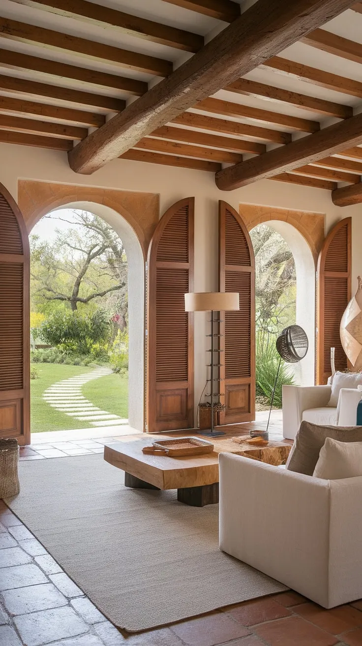 Sunlight streams through open wooden shutters in a Spanish colonial home's living room, illuminating terracotta floors and a lush garden view
