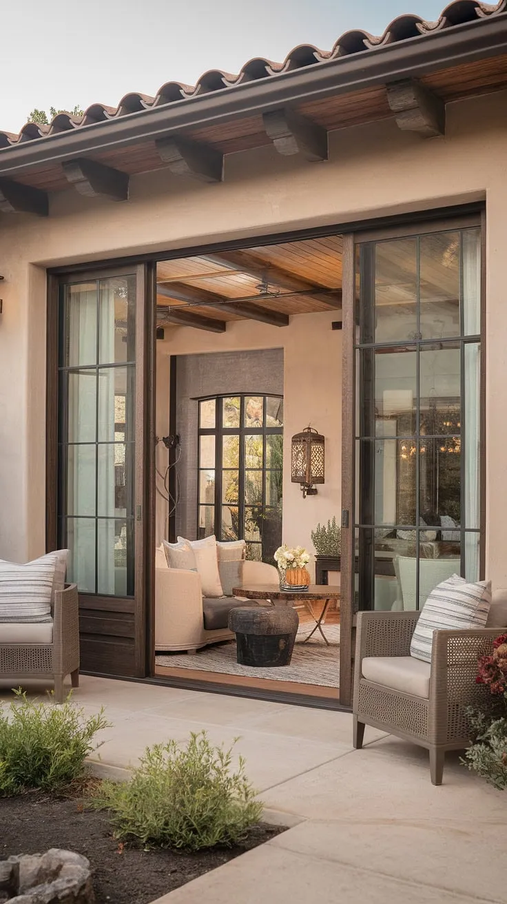This cozy Spanish Colonial home blends rustic charm with modern comfort, showcasing exquisite interior design and a welcoming patio.