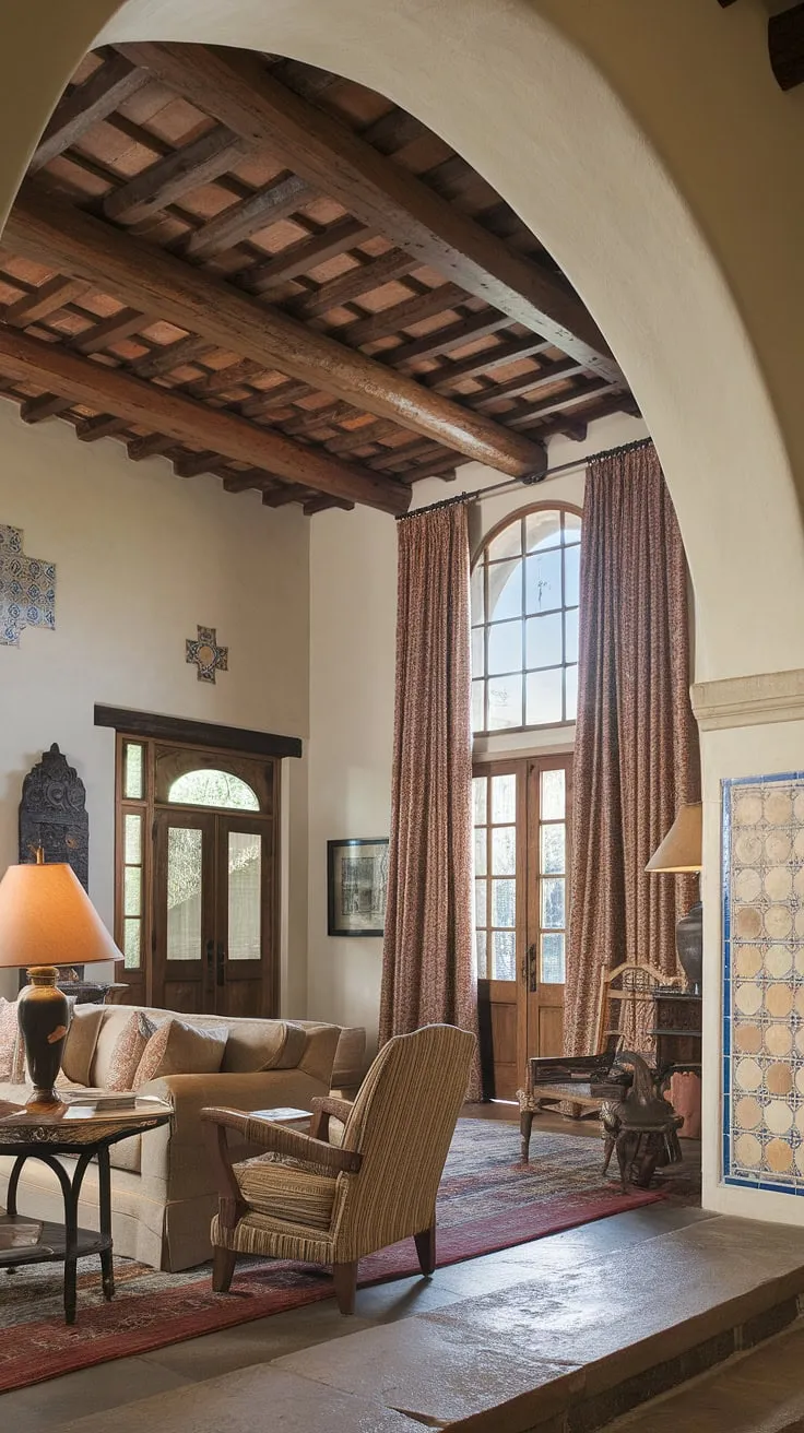 Elegant Spanish colonial architecture is showcased in a home with high ceilings, decorative tiles, and a stone floor