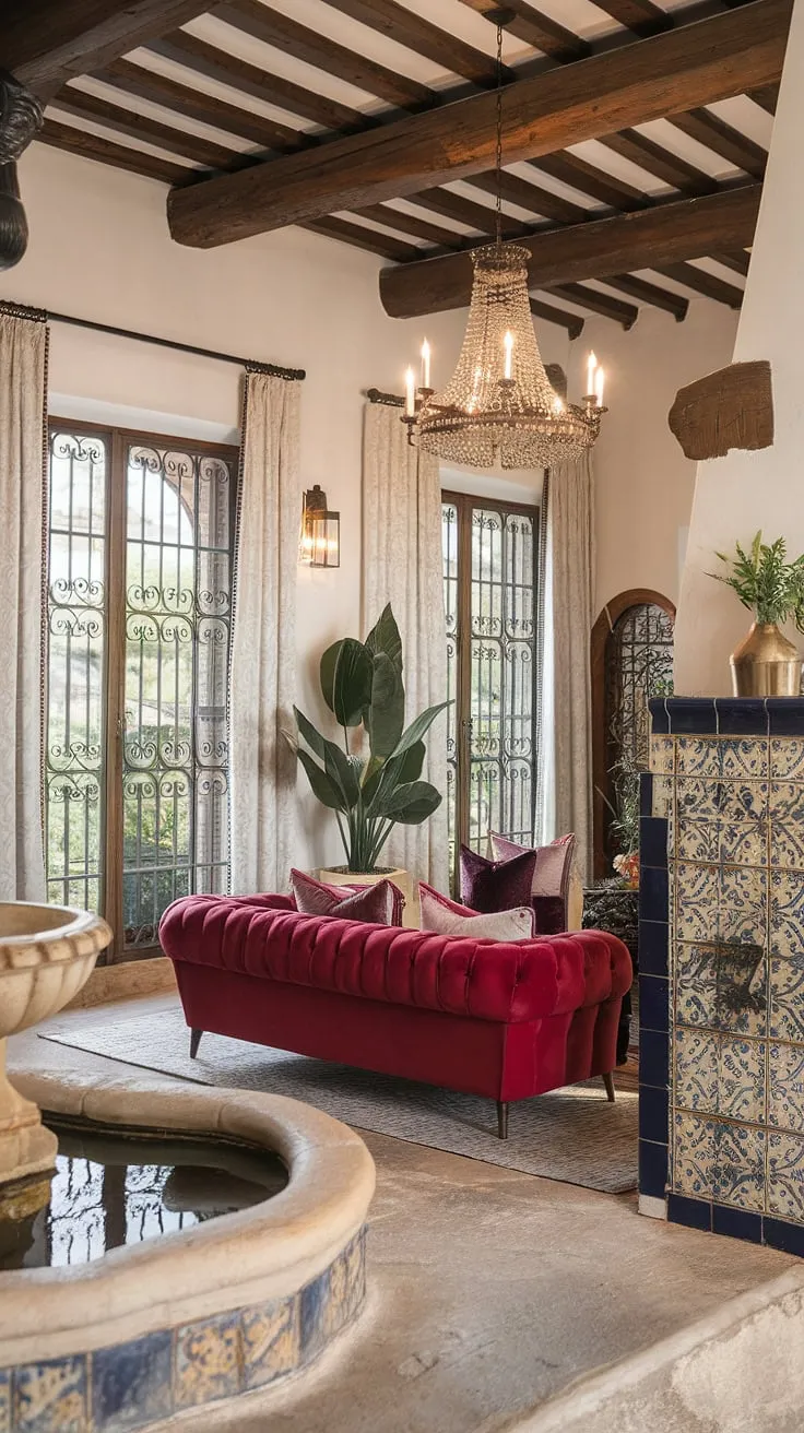 A Spanish colonial home's high ceilings, traditional details, and modern furnishings evoke a sense of timeless elegance.