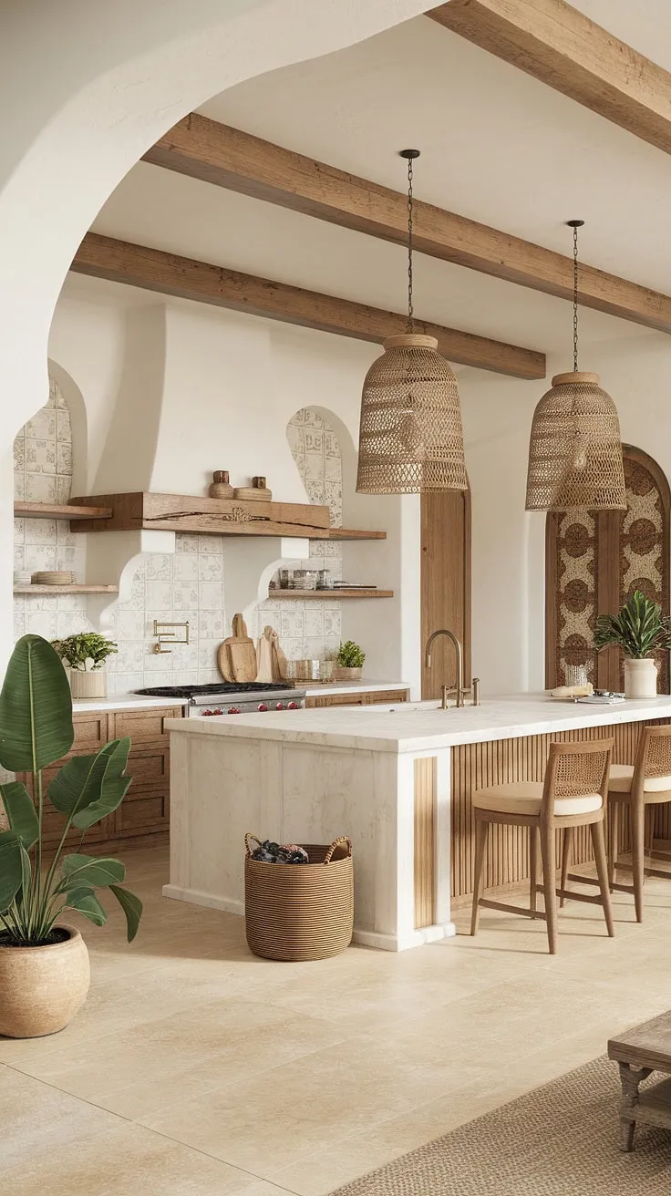 A sun-drenched Spanish-style kitchen boasts a spacious island, white marble, and tasteful wooden details.
