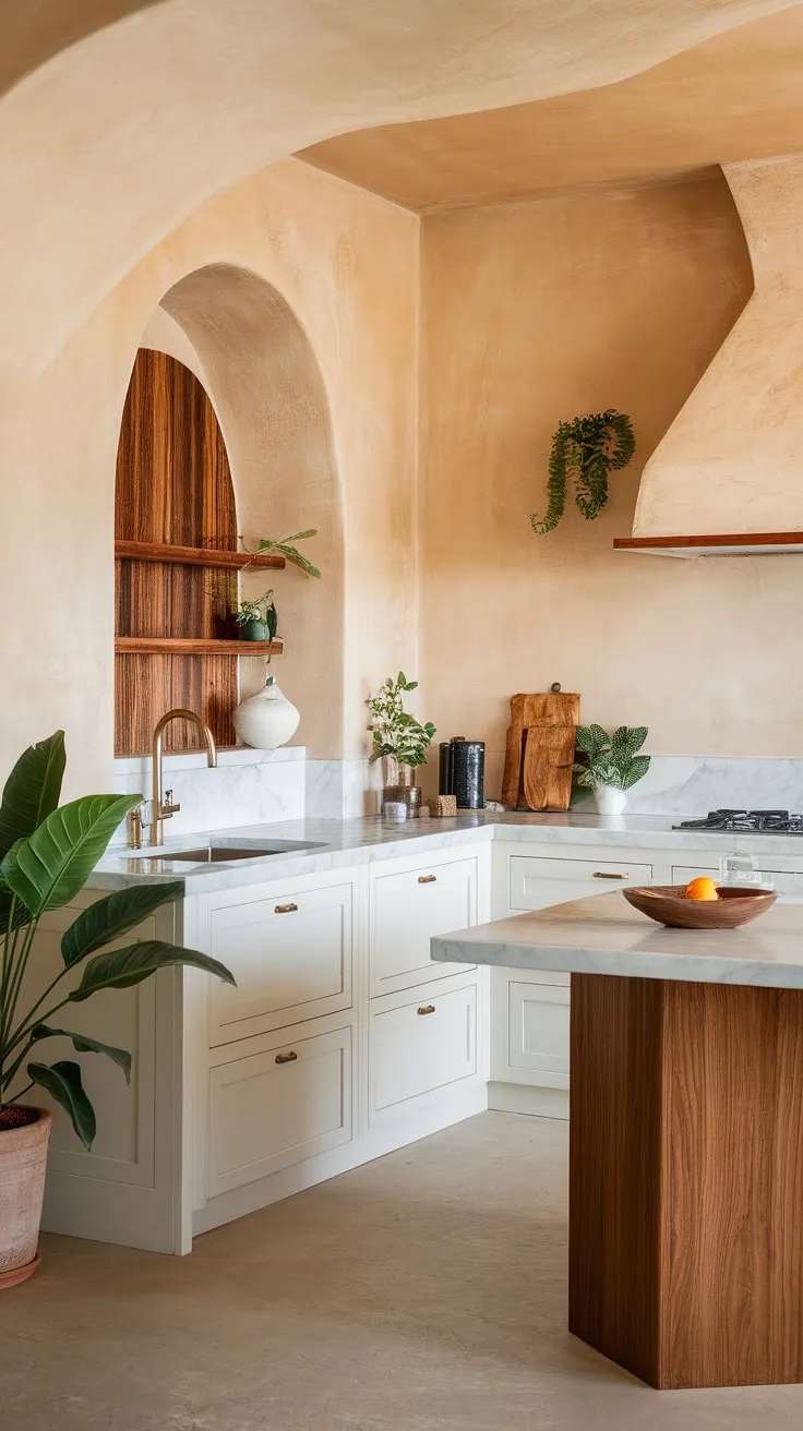 Elegant Spanish-Mediterranean kitchen design features white cabinetry, marble, and wood, enhanced by warm walls and potted plants