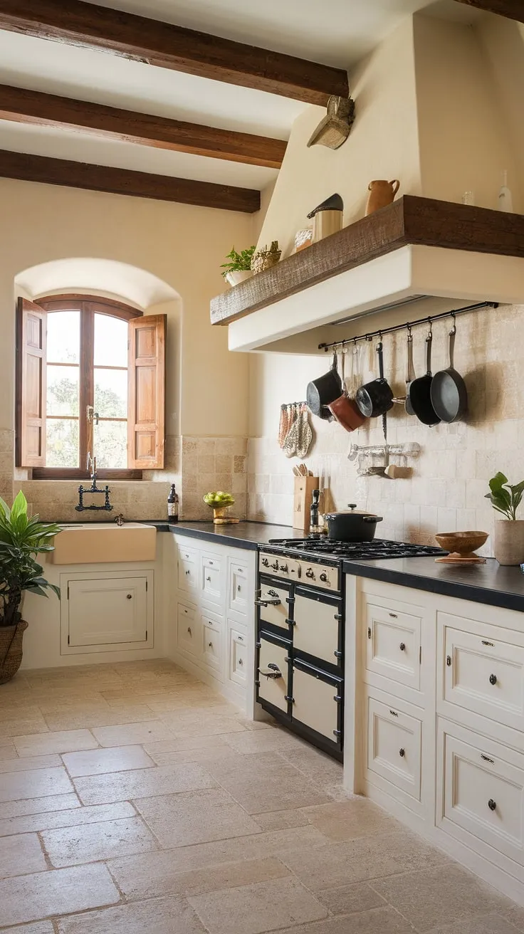 A sunlit Mediterranean kitchen blends modern white cabinets with Spanish-style wooden beams and a black-and-beige color palette.