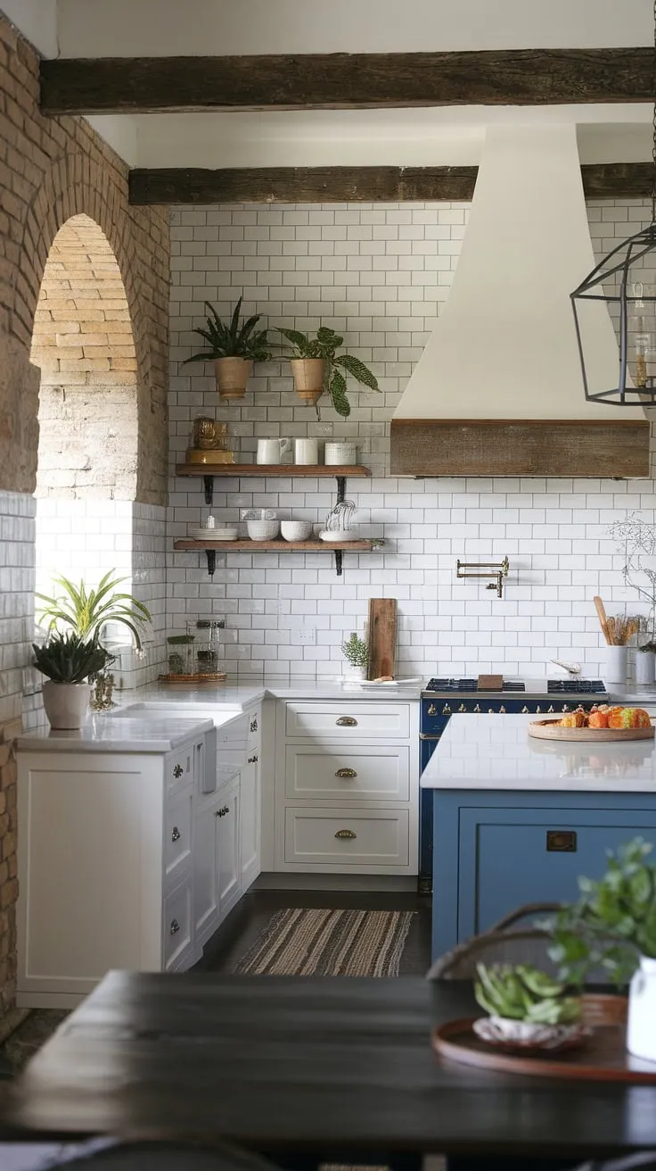 A sun-drenched Spanish-style kitchen blends white subway tiles, dark marble, and a vibrant blue island, creating a modern Mediterranean haven.