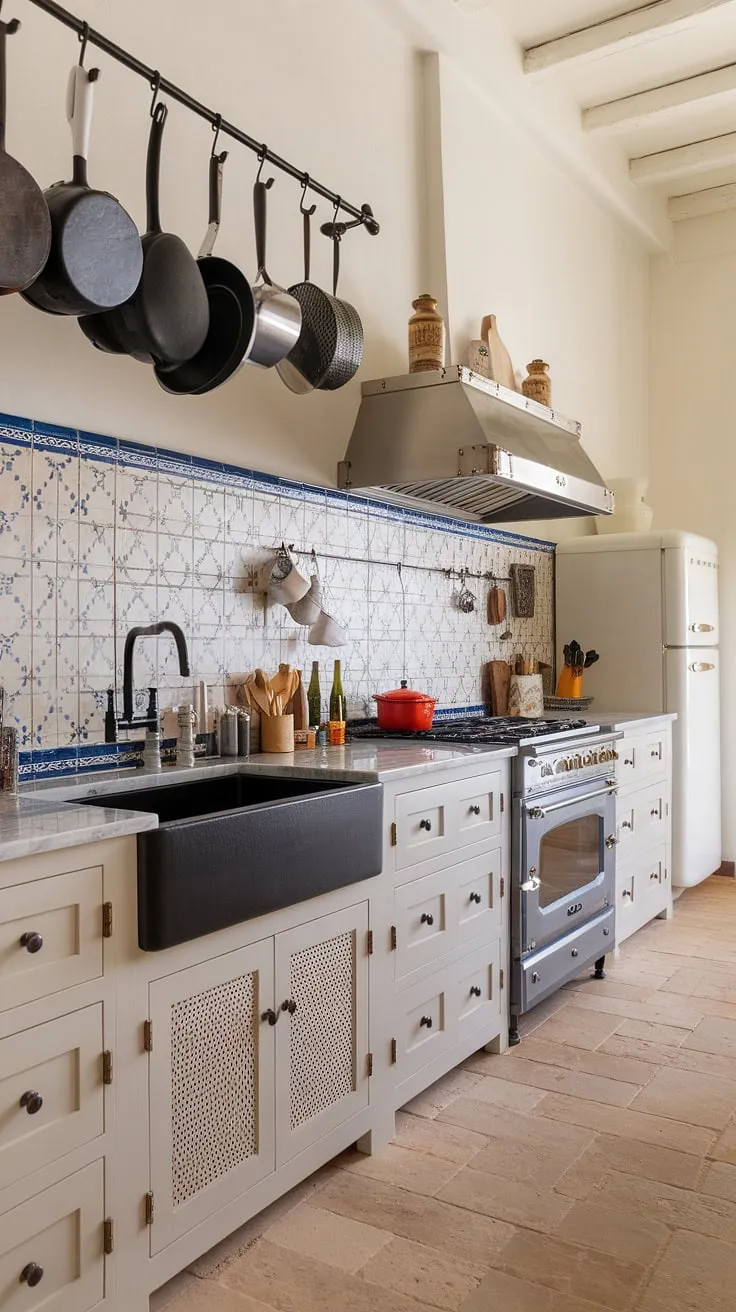 A white and blue tiled backsplash adds Spanish flair to a sleek, white Mediterranean kitchen.