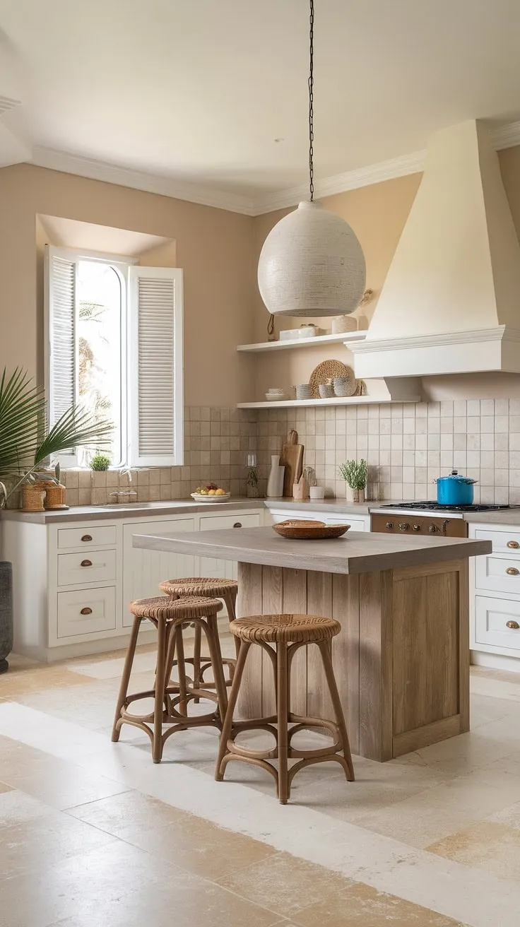 A bright, airy kitchen blends modern lines with the warmth of Spanish style.