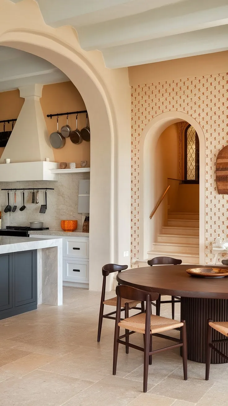 A sun-drenched Spanish-style kitchen blends modern design with warm tones and a functional layout.