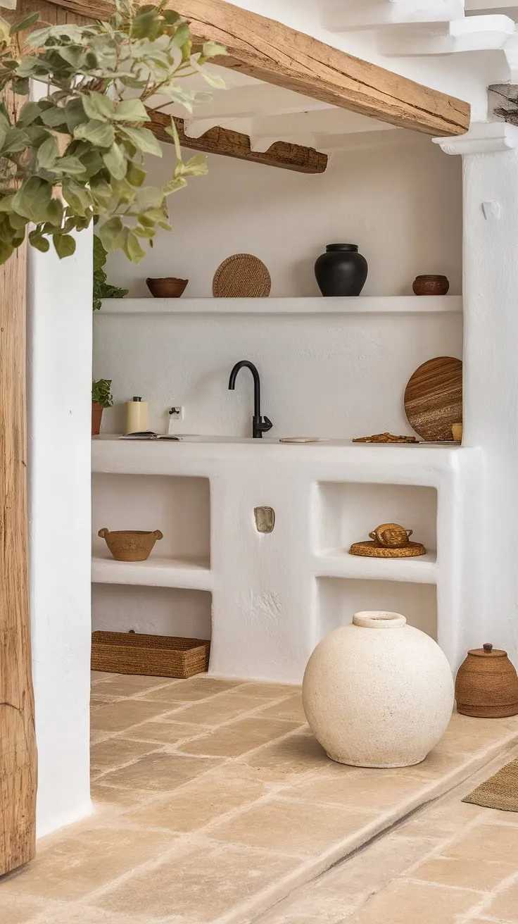 Elegant white cabinetry and black accents define this modern Mediterranean kitchen's stylish simplicity