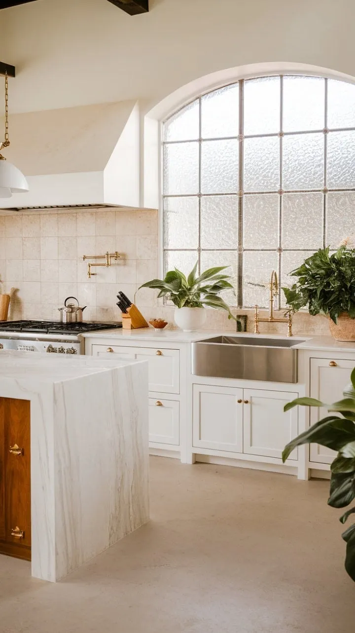 This Spanish-inspired kitchen is a serene culinary oasis, blending bright white cabinetry and marble countertops with soft light and lush greenery for an inspiring atmosphere.