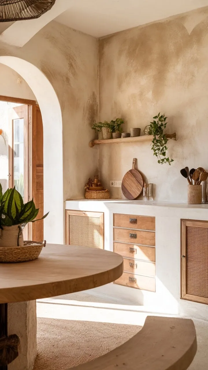 This sunlit kitchen harmoniously fuses modern elegance with Mediterranean charm, featuring beige cabinetry, a rustic wooden table, and subtle Spanish accents for an inviting yet sophisticated atmosphere.