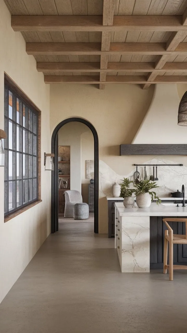 Experience the perfect fusion of rustic charm and contemporary elegance in a modern hacienda kitchen, where warm wood and cool marble harmonize in a stylish dance of beige and dark grey.