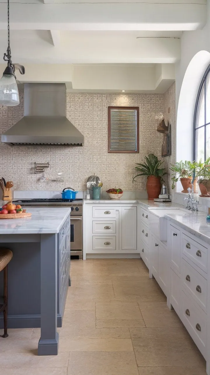 This captivating kitchen blends sleek modernity with cozy Spanish charm, featuring a striking gray island and a bright, inviting ambiance.