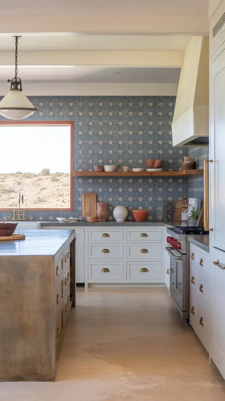Sunlight dances across a modern Mediterranean kitchen, highlighting the polished concrete island, vibrant blue tiles, and gleaming brass hardware in a stunning fusion of Spanish style and desert views.