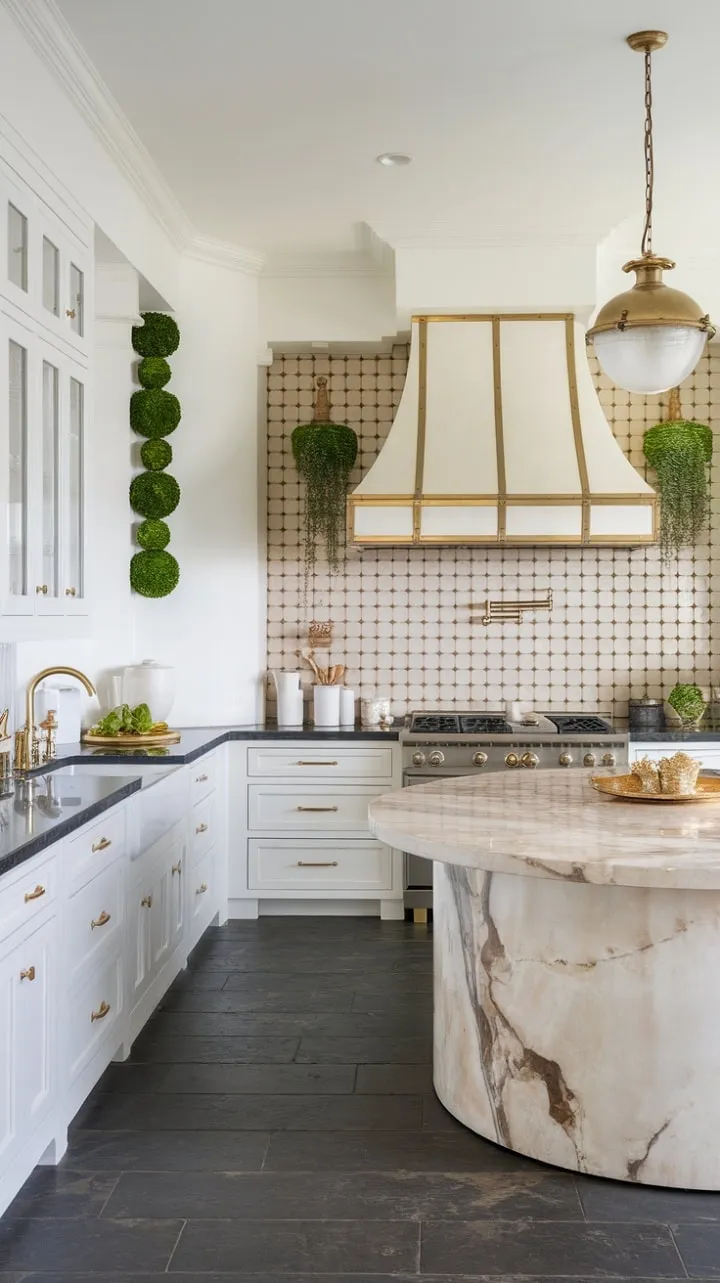 Bathed in sunlight, this Mediterranean kitchen harmoniously fuses modern elegance with classic Spanish charm, featuring a striking marble island and a touch of greenery for a vibrant finish.