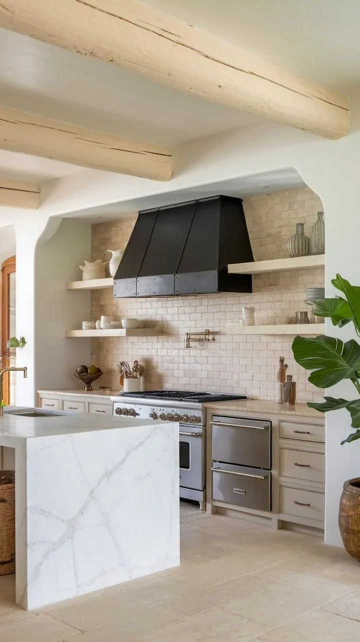 This Spanish-inspired kitchen masterfully fuses modern elegance with traditional charm, featuring a stunning marble island and sophisticated contrasts that create a culinary masterpiece.