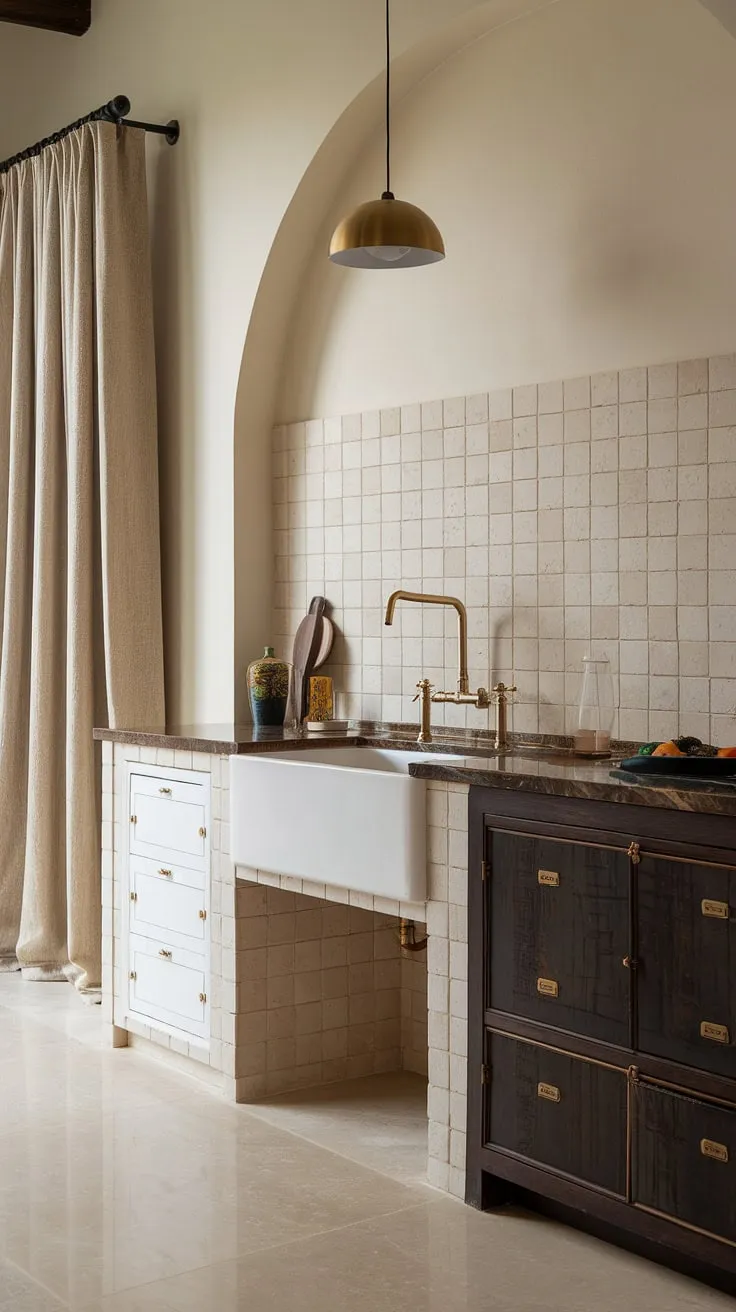 Gold accents and dark wood highlight a sophisticated Spanish kitchen design with beige tile and marble countertops.