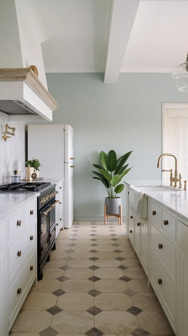 A light blue-walled kitchen showcases a stylish blend of Mediterranean and Spanish elements, featuring white cabinets, marble, and gold accents.