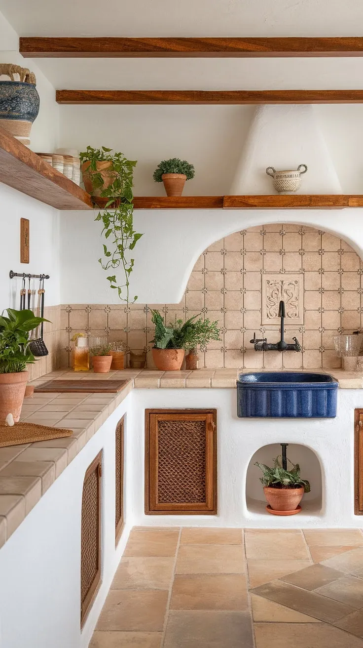A sun-drenched Mediterranean kitchen, styled with Spanish flair, boasts a calming white and beige palette accented by pops of blue, green, and warm wood.
