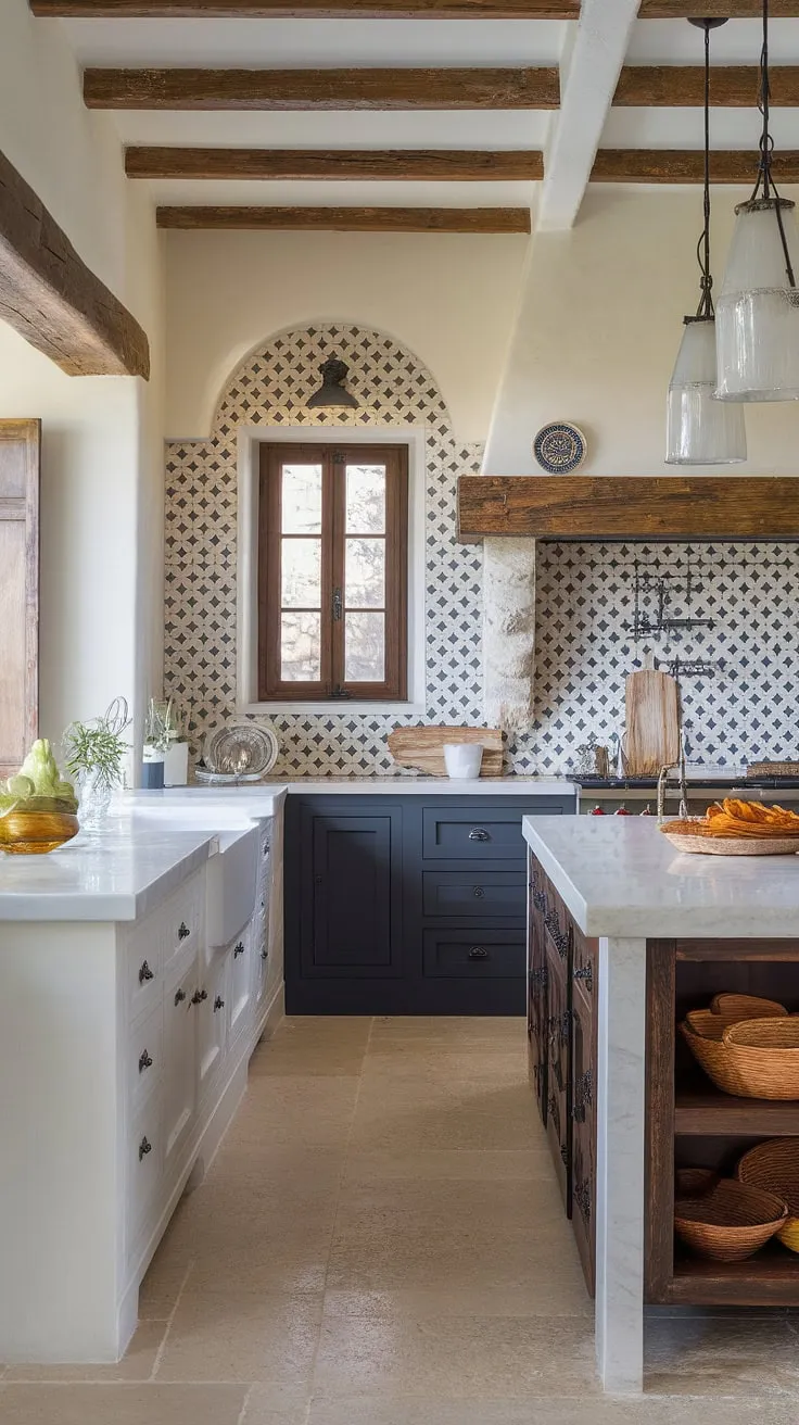 A Spanish-style home boasts a modern Mediterranean kitchen featuring a white quartz island, dark grey cabinetry, and a striking blue and white patterned tile backsplash.