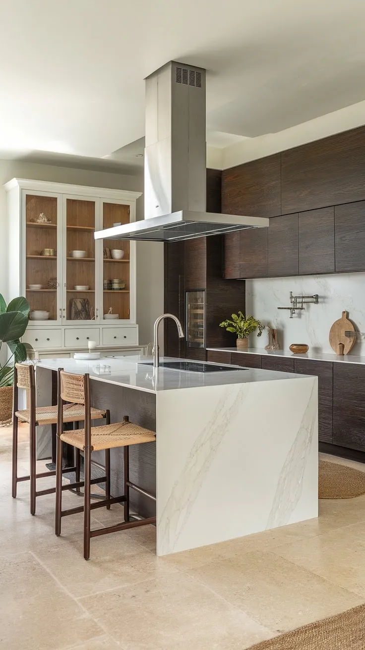 Sleek white and dark wood cabinetry define this modern Spanish kitchen, anchored by a marble-topped island.