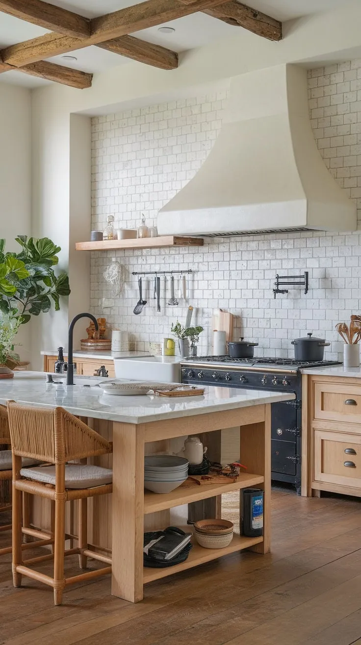 Elegant Spanish-style kitchen design features a large island, marble countertops, and a charming blend of modern and traditional elements