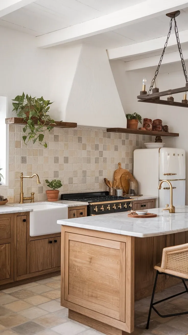Elegant Spanish-inspired design defines this bright Mediterranean kitchen with wood cabinetry, marble, and gold accents