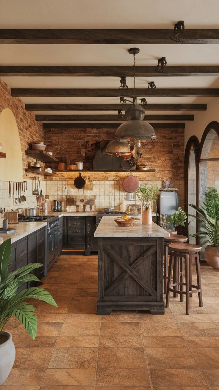 Rustic charm meets modern luxury in this Spanish kitchen, where exposed brick, wooden beams, and a dark island create a warm, inviting space.