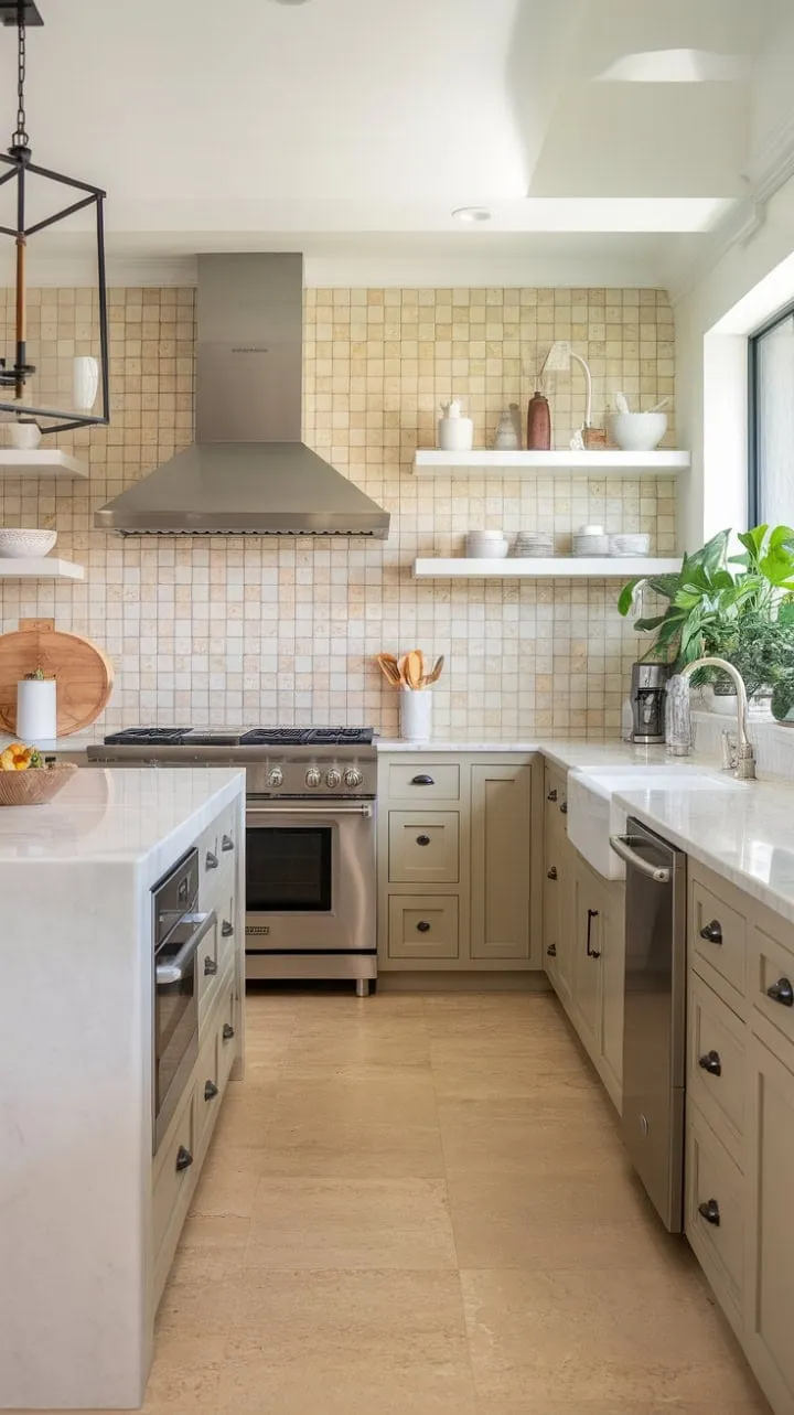 This Spanish-inspired kitchen harmoniously blends sleek white and stainless steel with warm beige tones and lush greenery, creating a tranquil heart of the home.