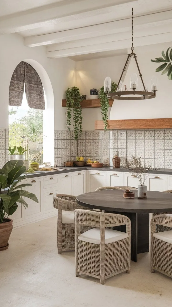 Bathed in sunlight, this modern Mediterranean kitchen harmoniously fuses rustic charm with sleek design, featuring intricate tilework, a stunning chandelier, and a welcoming wooden table perfect for tapas and conversation.