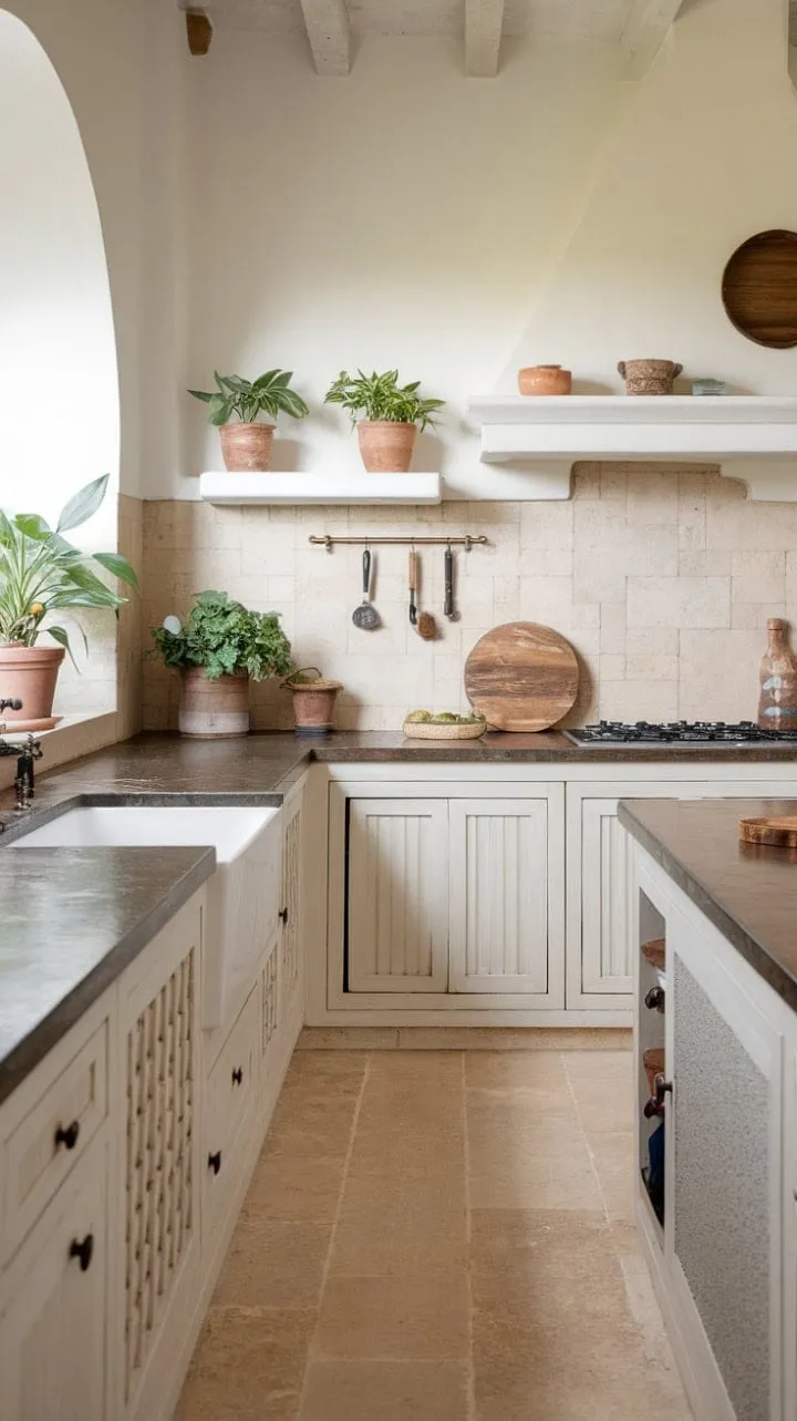 Bathed in sunlight, this modern Mediterranean kitchen harmoniously blends Spanish charm with contemporary design, featuring a spacious island, warm beige accents, and a touch of nature.